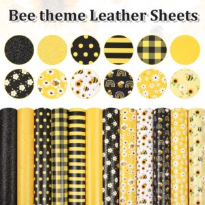 Whaline 12Pcs Summer Bee Faux Leather Sheets Black Yellow Plaids Synthetic Fabric Craft Leather Sunflower Glitter Printed Leather for Earrings Headbands Jewelry Wallet Making DIY Craft