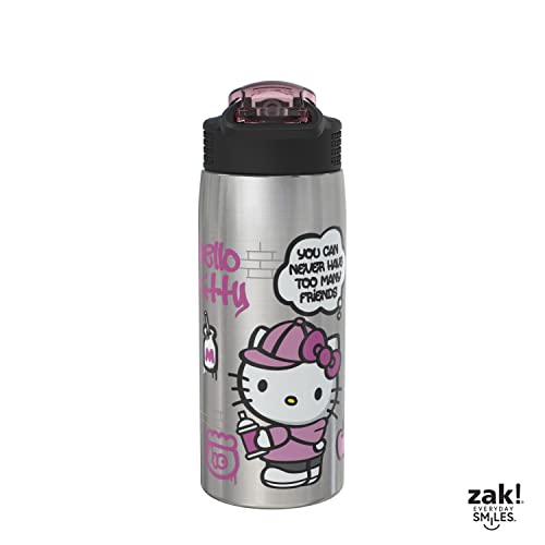 Zak Designs Sanrio Water Bottle for Travel and At Home, 19 oz Vacuum Insulated Stainless Steel with Locking Spout Cover, Built-In Carrying Loop, Leak-Proof Design (Hello Kitty)