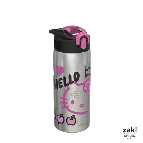 Zak Designs Sanrio Water Bottle for Travel and At Home, 19 oz Vacuum Insulated Stainless Steel with Locking Spout Cover, Built-In Carrying Loop, Leak-Proof Design (Hello Kitty)