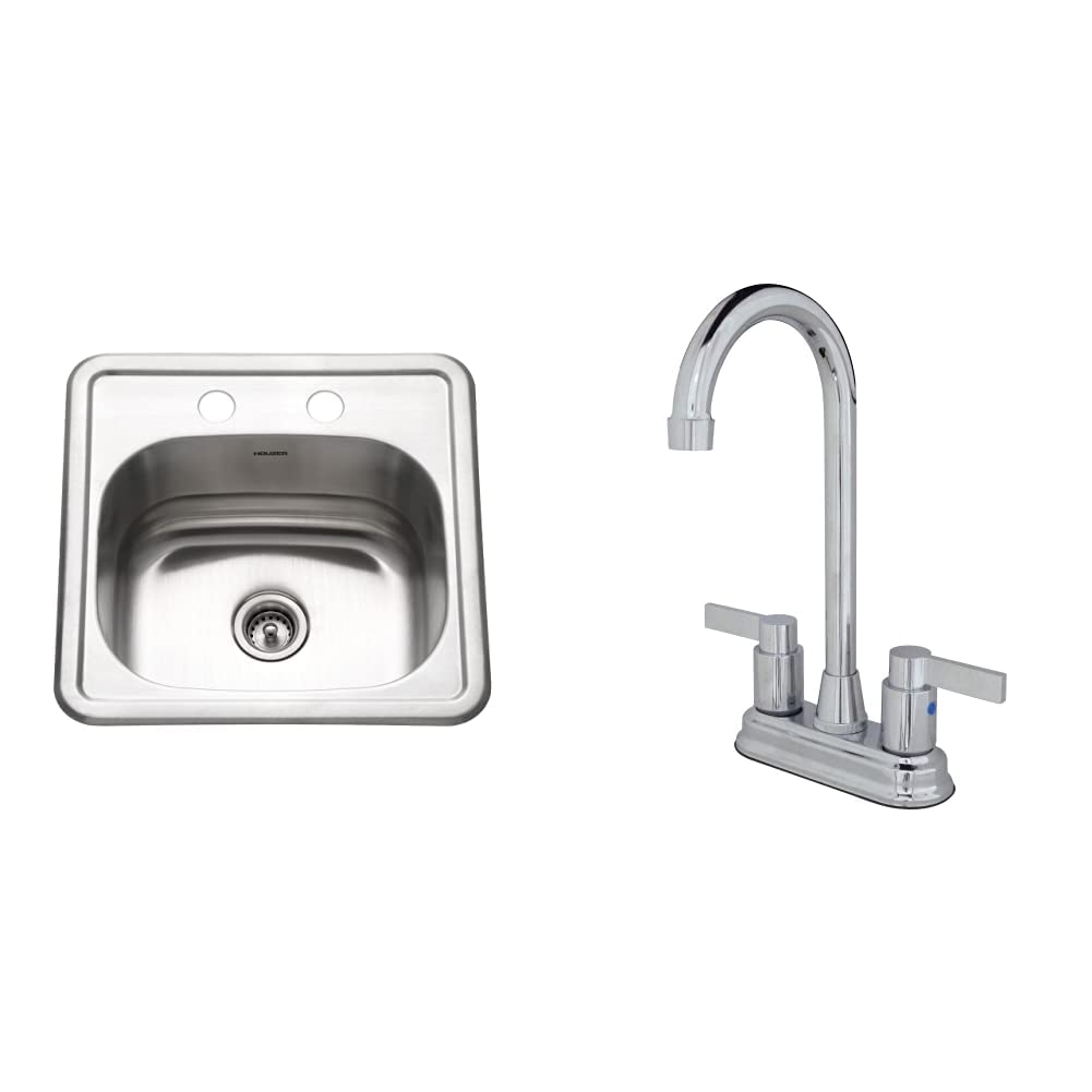 Houzer Stainless Steel Hospitality Bar Prep Sink + Kingston Brass NuvoFusion Centerset Bar Faucet Bundle