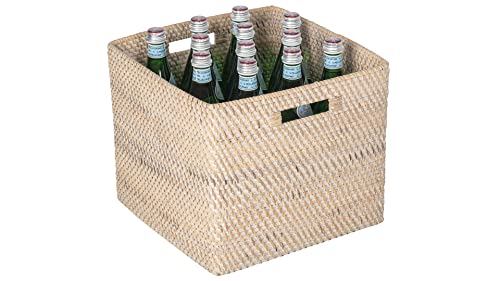 Loma Square Rattan Storage Basket with Cut-Out Handles - White-Wash - Coastal-Inspired Handwoven Rattan Basket for Home Organization & Décor