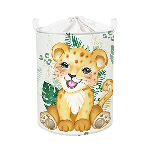 Clastyle Woodland Animal Leopard Nursery Hamper Green Tropical Palm Leaves Laundry Basket Round Toy Clothes Storage Basket for Kid Bedroom