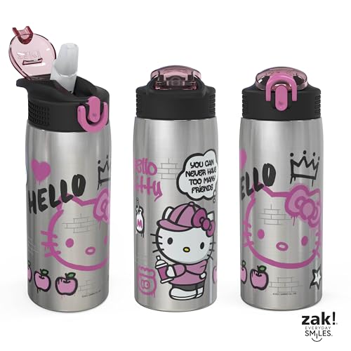 Zak Designs Sanrio Water Bottle for Travel and At Home, 19 oz Vacuum Insulated Stainless Steel with Locking Spout Cover, Built-In Carrying Loop, Leak-Proof Design (Hello Kitty)