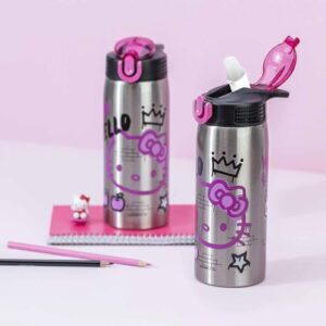 Zak Designs Sanrio Water Bottle for Travel and At Home, 19 oz Vacuum Insulated Stainless Steel with Locking Spout Cover, Built-In Carrying Loop, Leak-Proof Design (Hello Kitty)