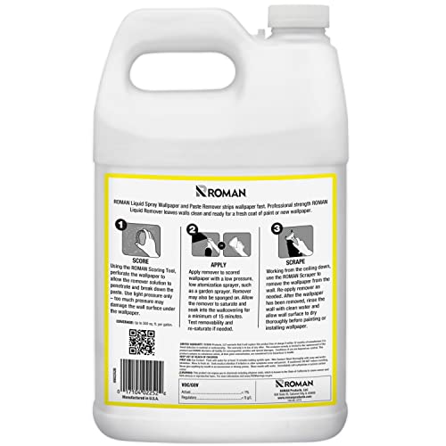 Roman Wallpaper Remover Liquid, Contractor Strength Wallpaper Stripper and Adhesive Remover, Unscented, Non-Staining, Clear, PRO-496 (1 Gallon, 300 Sq. Ft.)