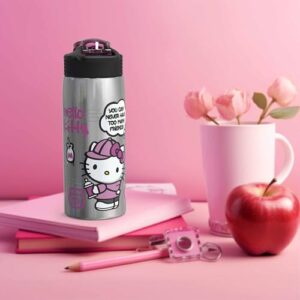 Zak Designs Sanrio Water Bottle for Travel and At Home, 19 oz Vacuum Insulated Stainless Steel with Locking Spout Cover, Built-In Carrying Loop, Leak-Proof Design (Hello Kitty)