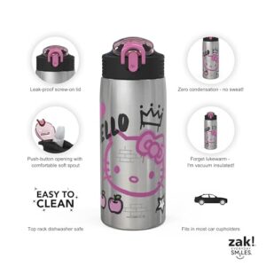 Zak Designs Sanrio Water Bottle for Travel and At Home, 19 oz Vacuum Insulated Stainless Steel with Locking Spout Cover, Built-In Carrying Loop, Leak-Proof Design (Hello Kitty)