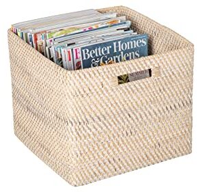 Loma Square Rattan Storage Basket with Cut-Out Handles - White-Wash - Coastal-Inspired Handwoven Rattan Basket for Home Organization & Décor