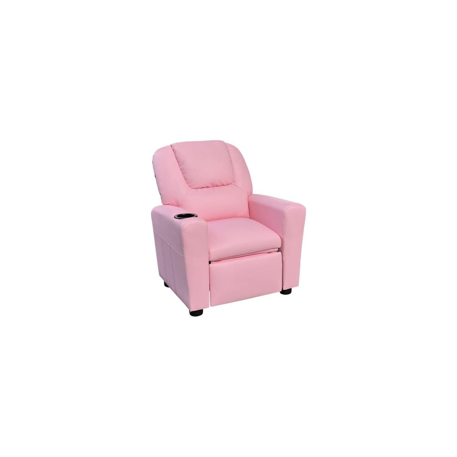 HomeStock Timeless Trends PU Leather Kids Recliner Chair with Cup Holder, Black Plastic Legs, and Non-Removable Cushions, Pink Recliner Chair for Children