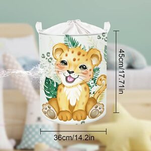 Clastyle Woodland Animal Leopard Nursery Hamper Green Tropical Palm Leaves Laundry Basket Round Toy Clothes Storage Basket for Kid Bedroom