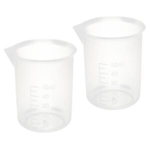 yokive 2 pcs plastic beaker, laboratory use | liquid measuring cup, great for lab, kitchen (clear white, 50ml)