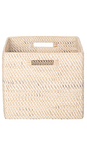 Loma Square Rattan Storage Basket with Cut-Out Handles - White-Wash - Coastal-Inspired Handwoven Rattan Basket for Home Organization & Décor