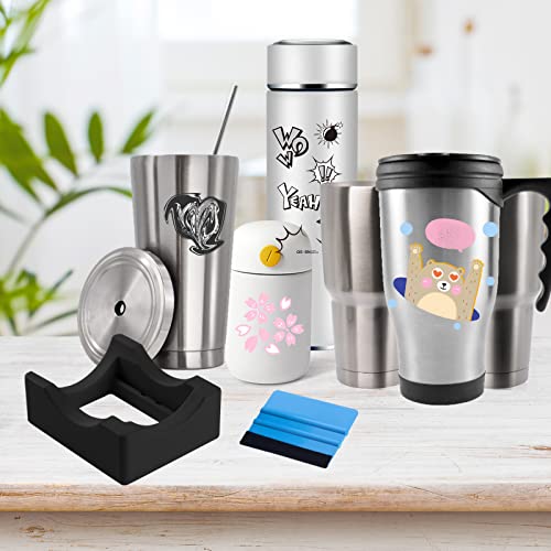 Cup Cradle for Tumblers with Built-in Slot, Silicone Tumbler Holder for Crafts Use to Apply Vinyl Decals for Tumblers, Small Tumbler Stand Cup Holder with Felt Edge Squeegee for Cups Bottles (Black)