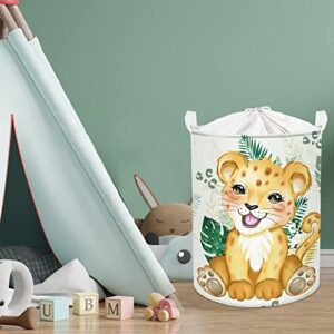 Clastyle Woodland Animal Leopard Nursery Hamper Green Tropical Palm Leaves Laundry Basket Round Toy Clothes Storage Basket for Kid Bedroom