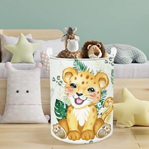 Clastyle Woodland Animal Leopard Nursery Hamper Green Tropical Palm Leaves Laundry Basket Round Toy Clothes Storage Basket for Kid Bedroom