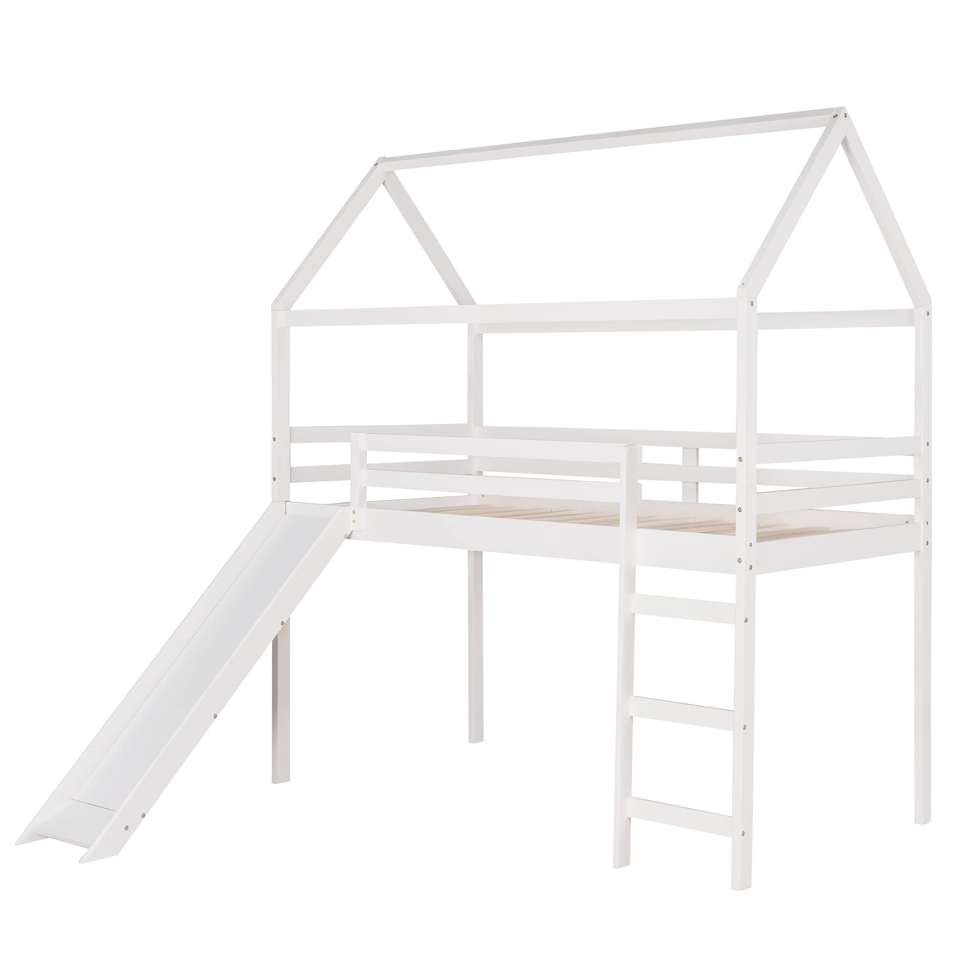 Merax House Shaped Loft Bed with Slide, Beds Frame with Ladder and Slats No Box Spring Needed for Boys or Girls, Twin Size