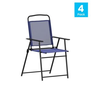 Flash Furniture Mystic Folding Patio Sling Chairs, Outdoor Textilene Lawn Chairs with Armrests, Set of 4, Navy