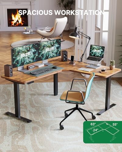 Marsail Corner Stand Up Desk Adjustable Height with 4-in 1 Electical Outlet, L Shaped Electric Standing Desk with Headphone Hook, Stand up Desk for Home Office Sturdy Writing Workstation Rustic