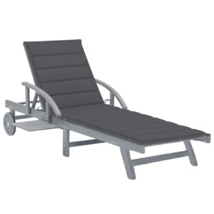 tidyard folding sun lounger with armrest and cushion, garden acacia wood footrest and backrest adjustable chaise lounge chair, gray wooden sunlounger for pool balcony outdoor furniture