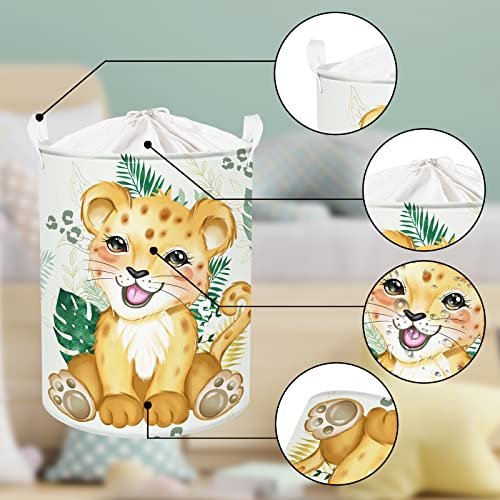 Clastyle Woodland Animal Leopard Nursery Hamper Green Tropical Palm Leaves Laundry Basket Round Toy Clothes Storage Basket for Kid Bedroom