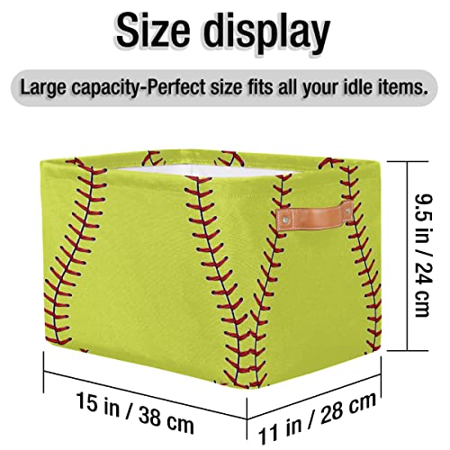 Large Storage Baskets for Organizing Shelves Sport Softball Yellow Baseball Foldable Cube Storage Bins with Handles Rectangle Fabric Closet Organizers for Home Toys Nursery, 1 Pack