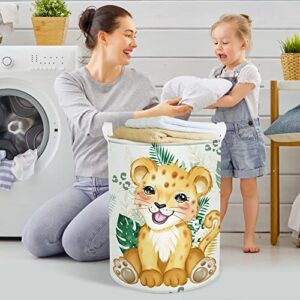 Clastyle Woodland Animal Leopard Nursery Hamper Green Tropical Palm Leaves Laundry Basket Round Toy Clothes Storage Basket for Kid Bedroom