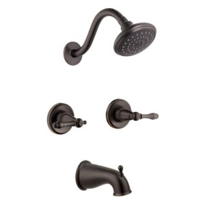 Design House Oakmont Classic Bath and Shower Trim with Single-Function Shower Head (523472) | Lift and Turn Bath Drain Plug Kit with Two-Hole Overflow Faceplate