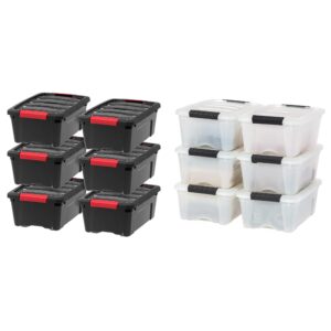 iris usa 12 pack 12qt black and pearl plastic storage bins with lid and buckles | set of 12