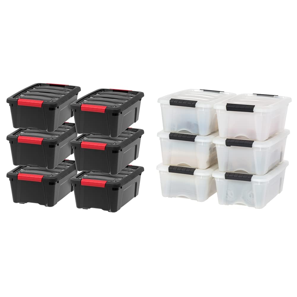 IRIS USA 12 Pack 12qt Black and Pearl Plastic Storage Bins with Lid and Buckles | Set of 12