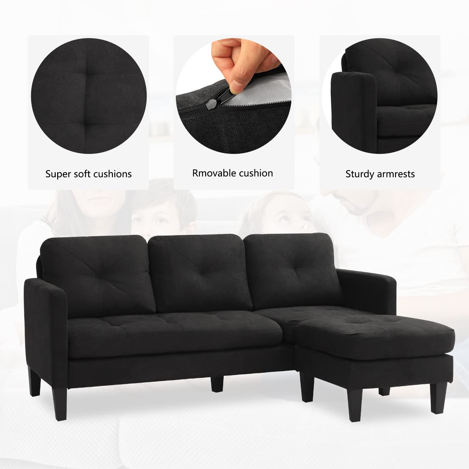 GIODIR Convertible Sectional Sofa Couch, L-Shaped Couch Modern 3-Seat Sofa Set with Reversible Chaise for Small Living Room, Apartment and Small Space (Black)