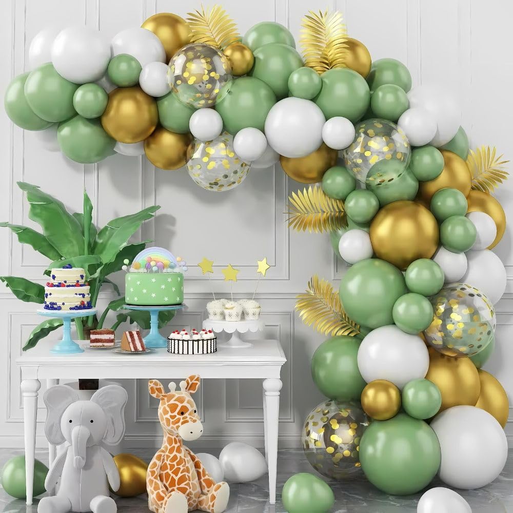 Sage Green Balloons Garland Arch Kit - 128PCS Different Sizes Olive Green Confetti White and Gold Latex Balloons for Jungle Safari Baby Shower Wedding Bridal Shower Birthday Party Decoration