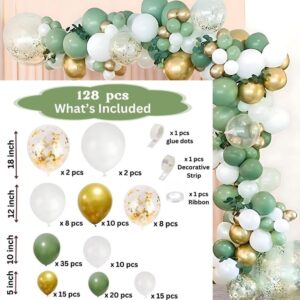 Sage Green Balloons Garland Arch Kit - 128PCS Different Sizes Olive Green Confetti White and Gold Latex Balloons for Jungle Safari Baby Shower Wedding Bridal Shower Birthday Party Decoration