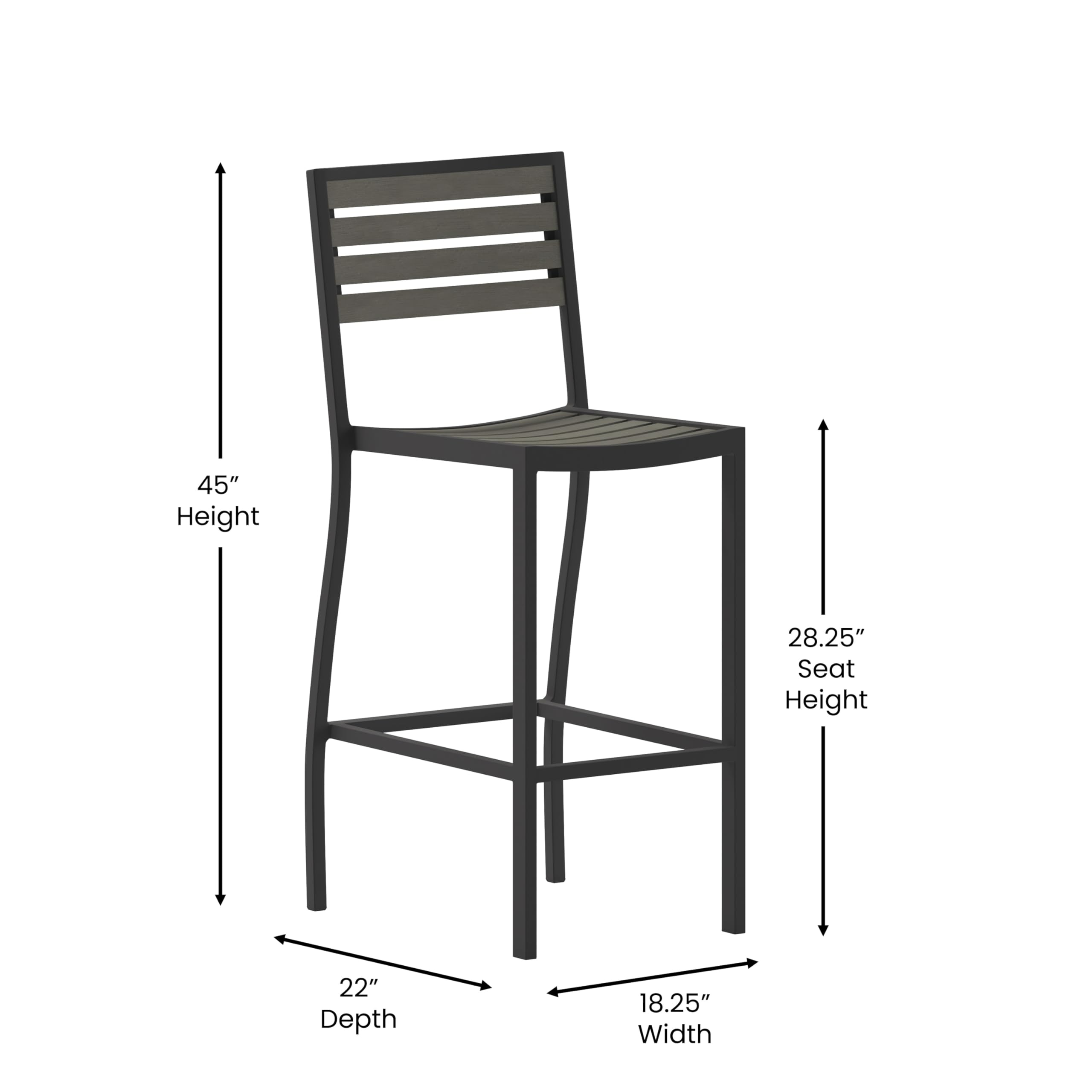 Flash Furniture Lark Commercial Grade Bar Height Stool, All-Weather Outdoor Bar Stool with Faux Wood Poly Resin Slats and Aluminum Frame, Gray Wash