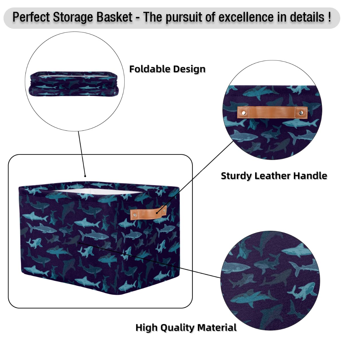 YoCosy Large Storage Baskets for Organizing Shelves Navy Ocean Shark Print Foldable Cube Storage Bins with Handles Rectangle Fabric Closet Organizers for Home Toys Clothes, 2 Pack