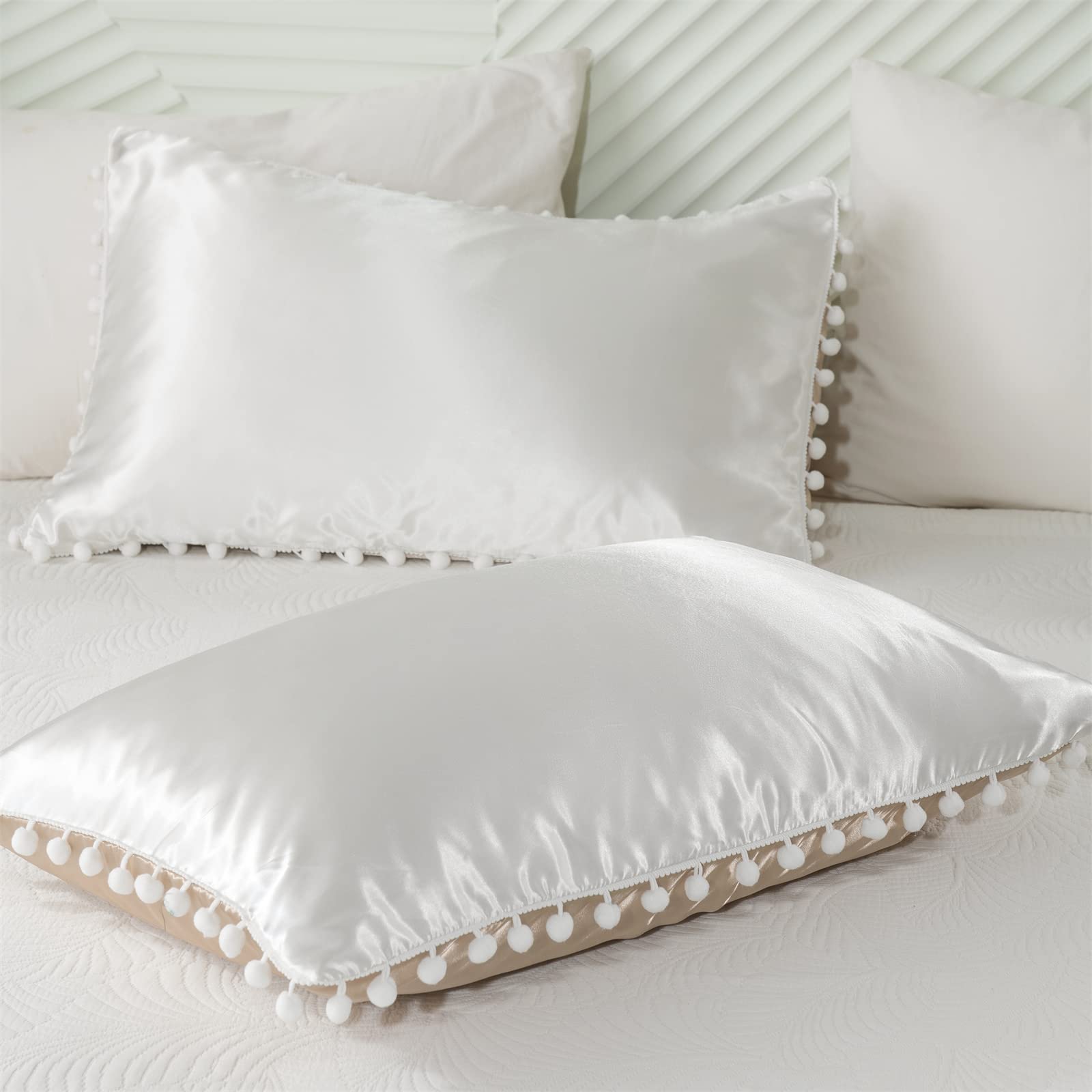 Herside Satin Duvet Cover Twin Size White Silk Like Satin Bedding Set Reversible White Light Khaki Pom Pom Fringed Silky Duvet Cover Boho Home Decor(White-Light Khaki, Twin)