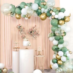 Sage Green Balloons Garland Arch Kit - 128PCS Different Sizes Olive Green Confetti White and Gold Latex Balloons for Jungle Safari Baby Shower Wedding Bridal Shower Birthday Party Decoration