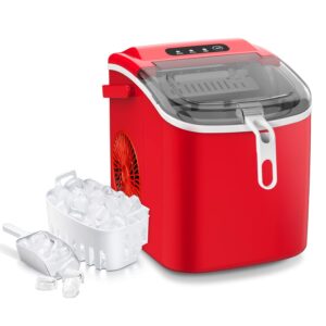 joy pebble ice maker countertop with handle, self-cleaning portable ice machine with basket and scoop, 9 cubes in 6 mins, 26lbs/24h handheld ice maker for home/kitchen/office/party (red)