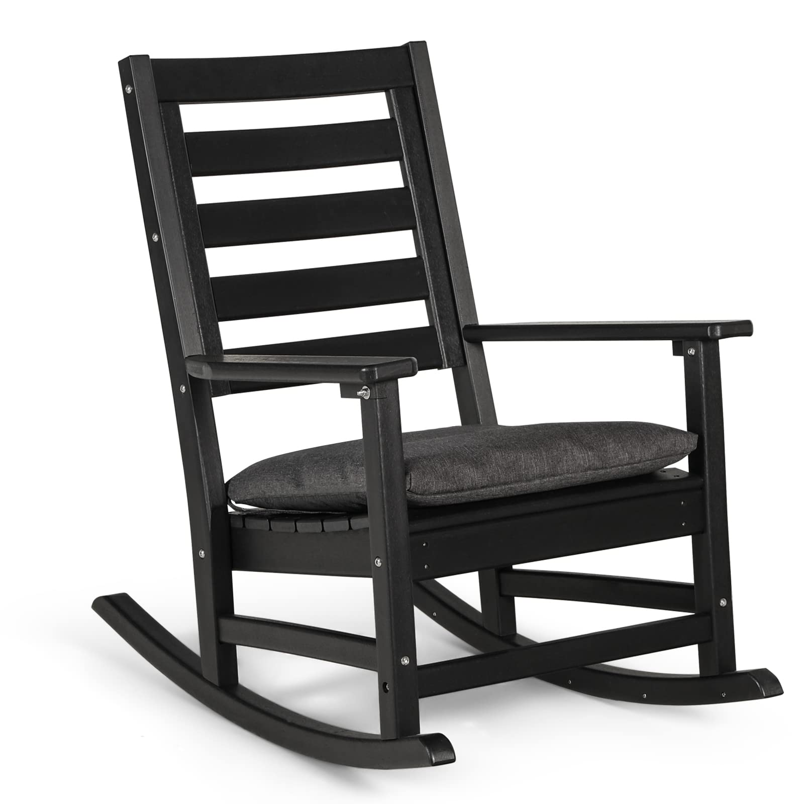 HOPUBUY Patio Rocking Chair Outdoor with Cushion, HDPE Patio Rocking Chair, All Weather Resistant Rocker Chair for Porch Garden Yard Living Room,Black