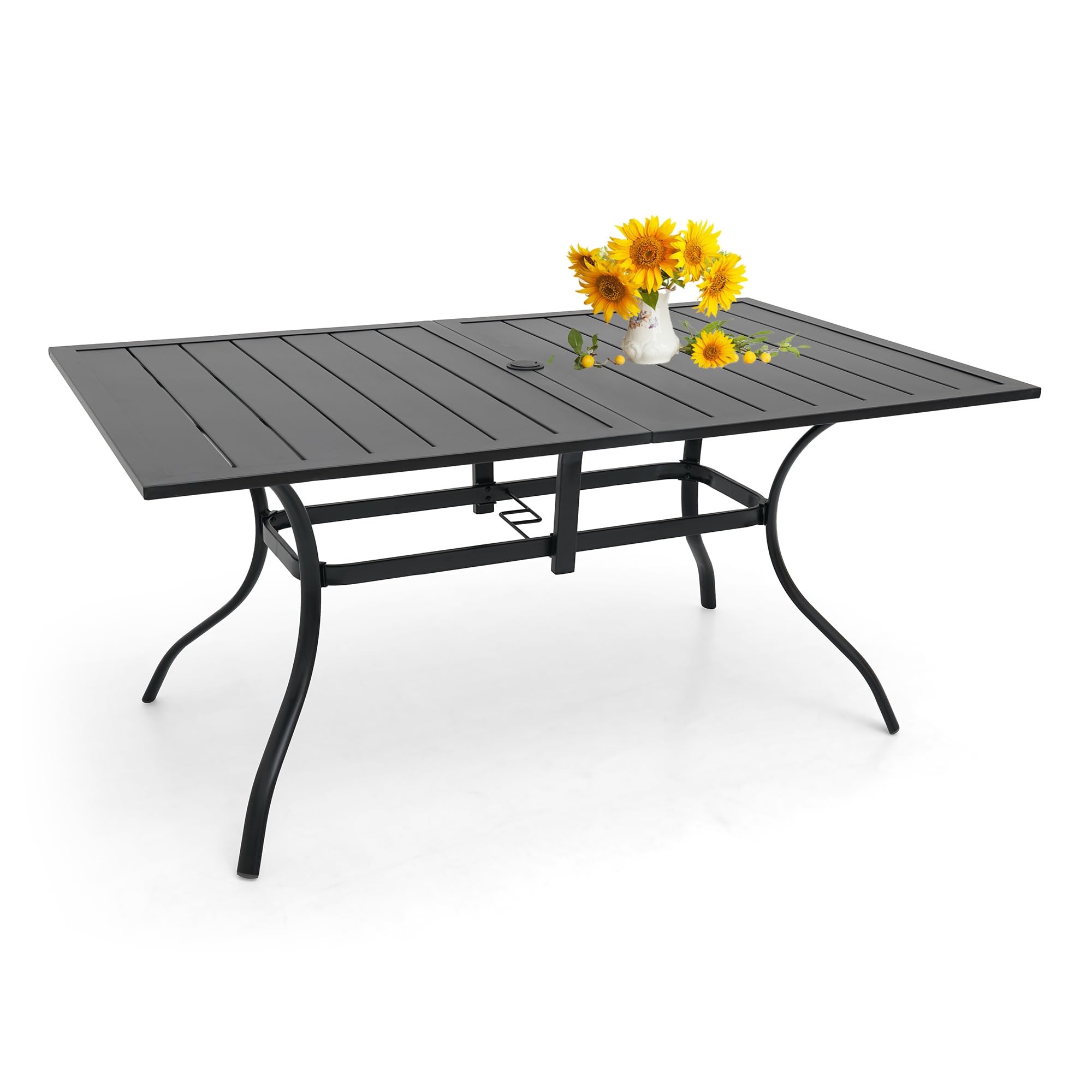 Anmutig Outdoor Patio Table for 6 Person, Patio Dining Rectangle Table with 1.57" Umbrella Hole for Garden Lawn Backyard Parties, Black Metal Frame 63" L x 38" W x 28" H