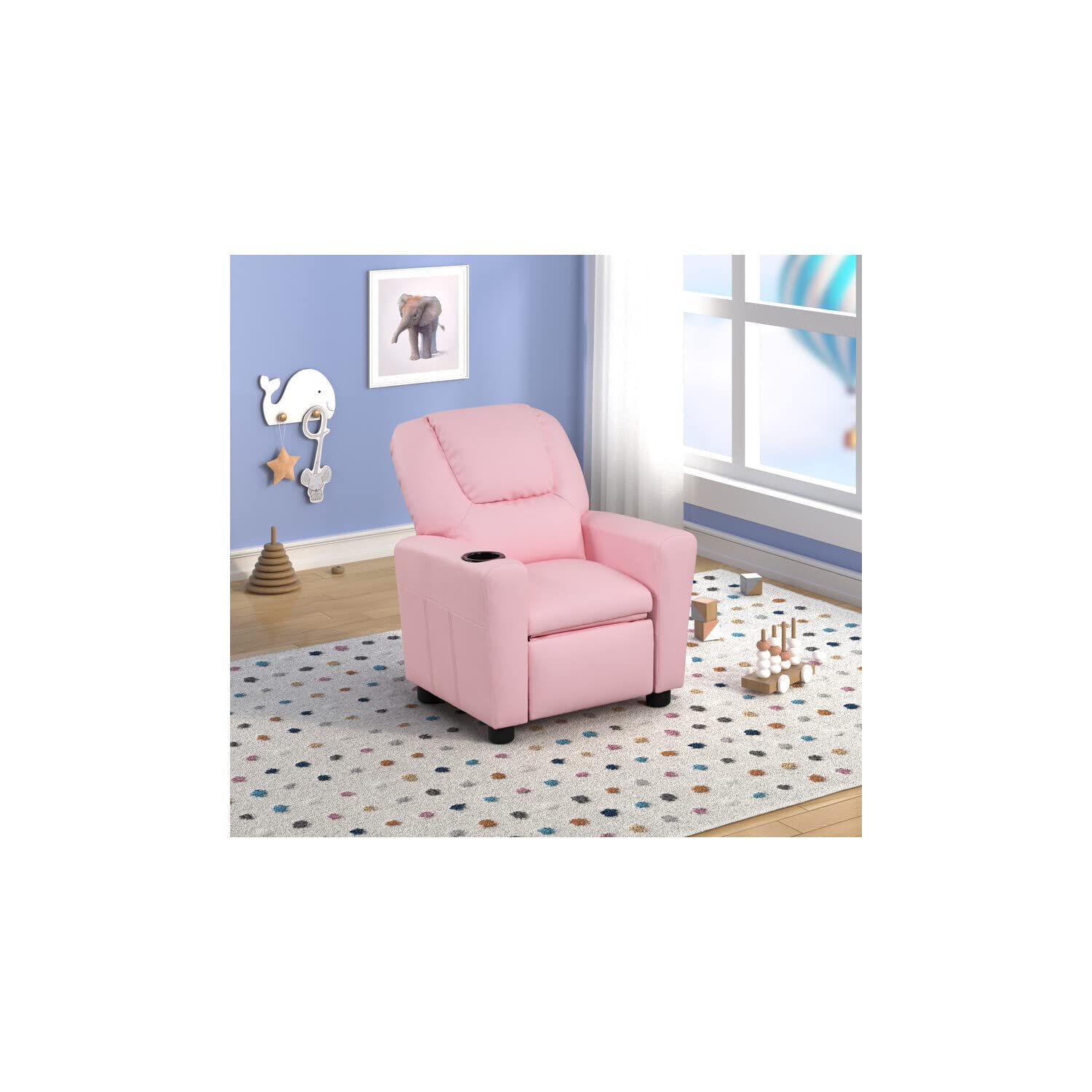 HomeStock Timeless Trends PU Leather Kids Recliner Chair with Cup Holder, Black Plastic Legs, and Non-Removable Cushions, Pink Recliner Chair for Children