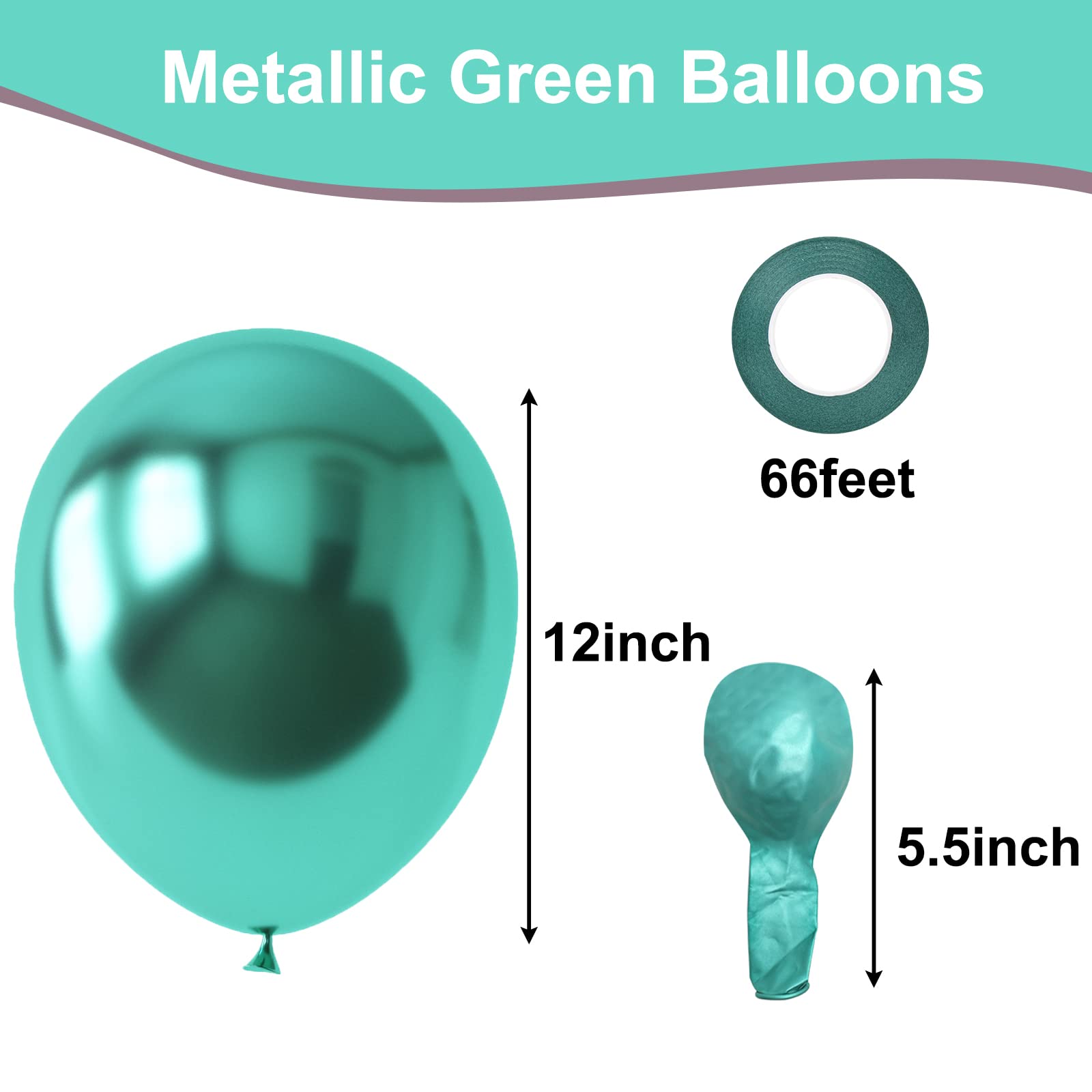 RUBFAC 65pcs Turquoise Balloons, Teal Balloons Metallic Green Latex Balloons, 12 Inches Helium Party Balloons with Ribbon for Wedding, Birthday, Graduation, Gender Reveal, Prom