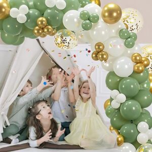 Sage Green Balloons Garland Arch Kit - 128PCS Different Sizes Olive Green Confetti White and Gold Latex Balloons for Jungle Safari Baby Shower Wedding Bridal Shower Birthday Party Decoration