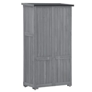 Outdoor Wooden Storage Shed with Floor, Wood Storage Cabinet Waterproof, Garden Tool Shed with 3-Tier Shelves, Outside Vertical Shed with Shutter Design, Fir Wood, Latch Lock (Gray)