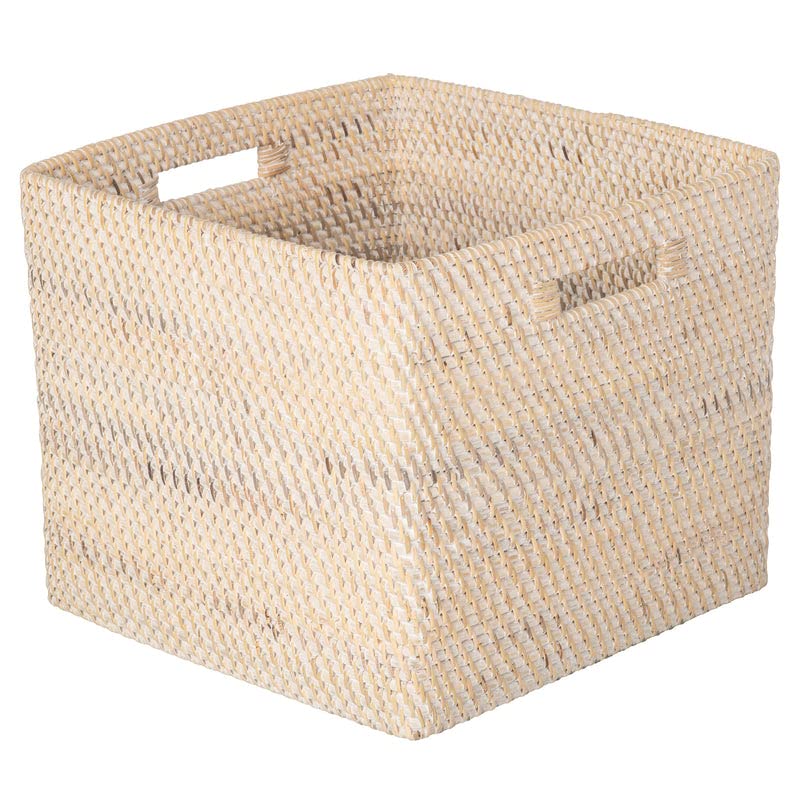 Loma Square Rattan Storage Basket with Cut-Out Handles - White-Wash - Coastal-Inspired Handwoven Rattan Basket for Home Organization & Décor