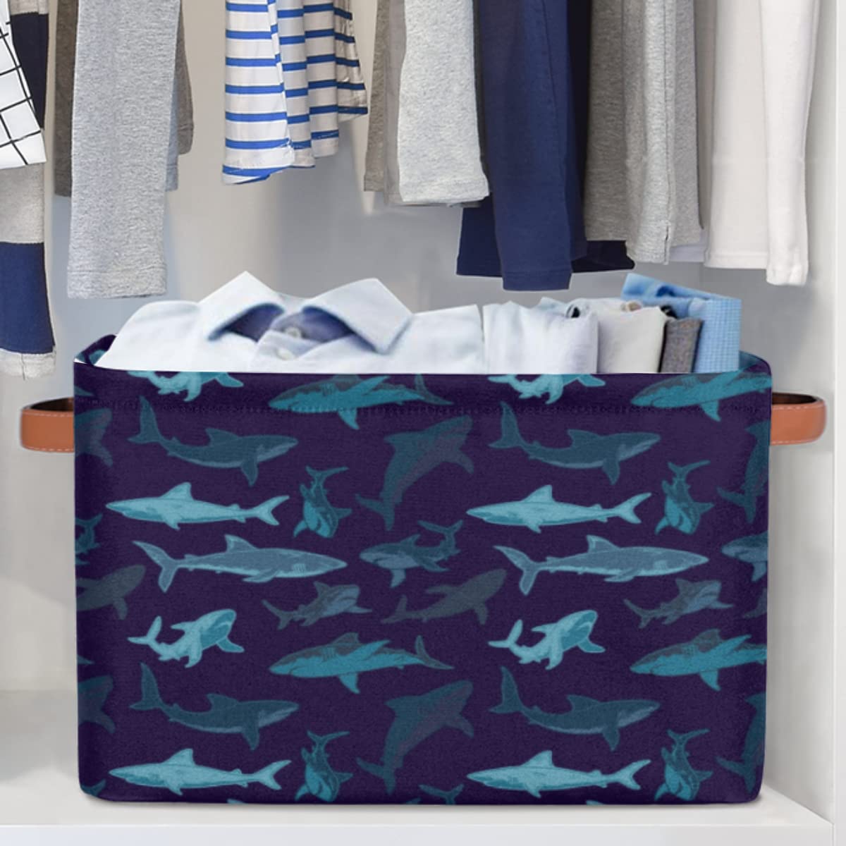 YoCosy Large Storage Baskets for Organizing Shelves Navy Ocean Shark Print Foldable Cube Storage Bins with Handles Rectangle Fabric Closet Organizers for Home Toys Clothes, 2 Pack