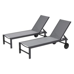 shintenchi 2 pcs outdoor chaise lounges chair with wheels aluminum reclining patio lounge chairs with 5 adjustable position recliner for patio, beach, yard, pool patio furniture set,light grey