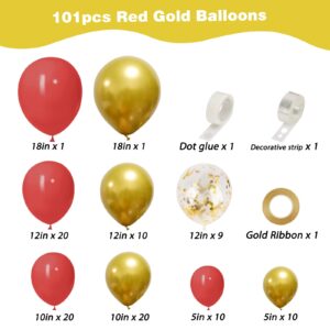 RUBFAC 101pcs Red Gold Balloons Garland Arch Kit with Gold Confetti Balloons for Celebration, Birthday, Wedding, Anniversary Party Decoration