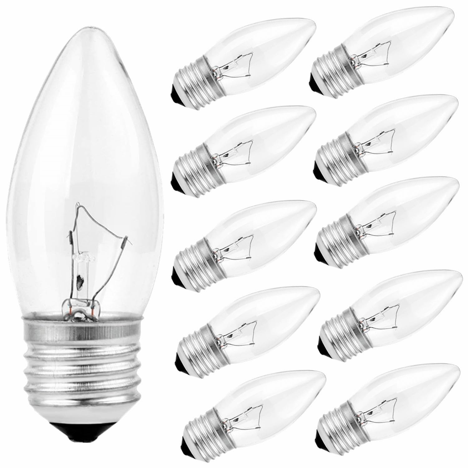 SCOMX 40W B11 Equivalent Energy Incandescent Torpedo Tip Chandelier with Crystal Clear Incandescent Light Bulbs Tip Light Bulb and Medium E26 Candelabra Base 10-Pack