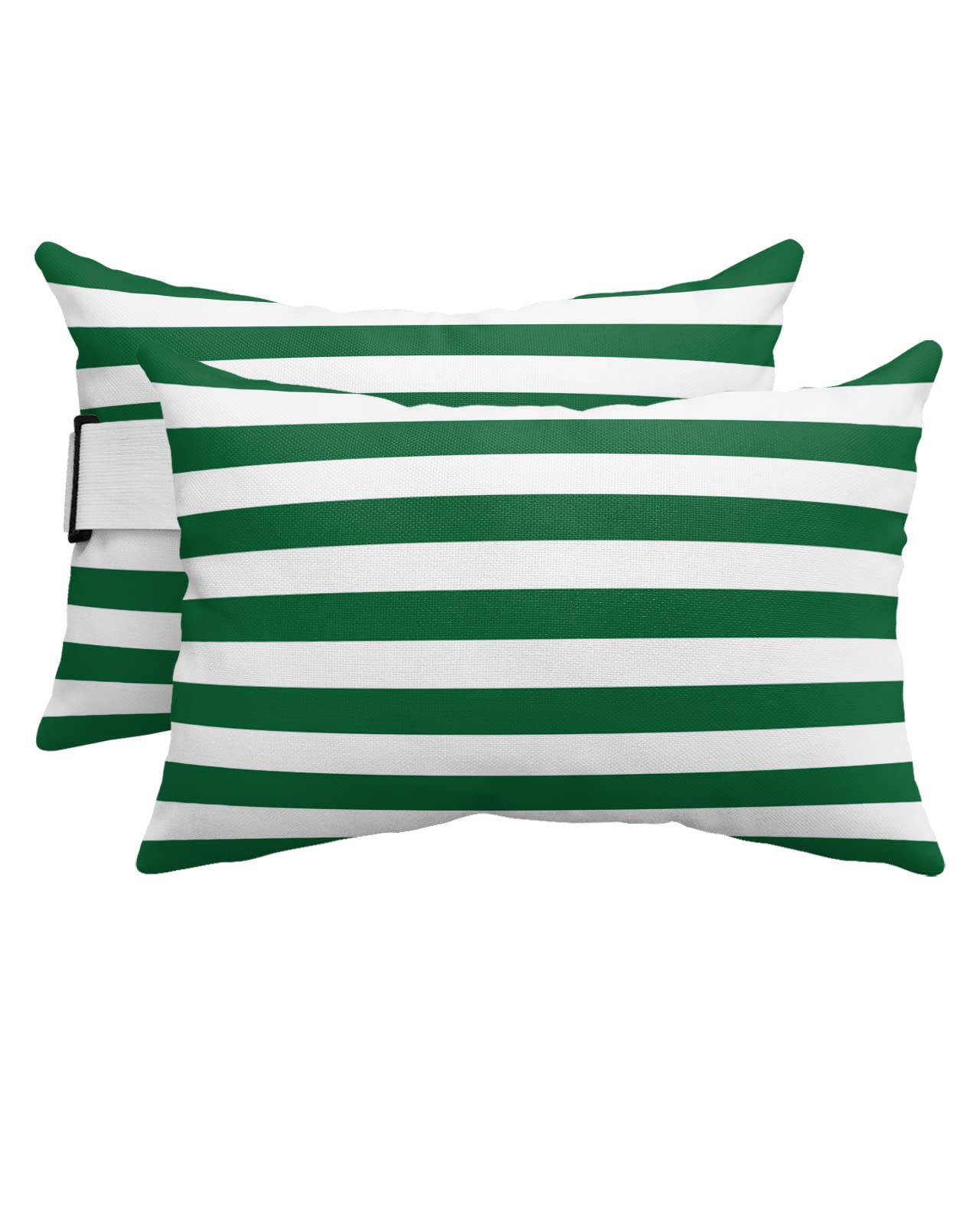 T&H XHome Outdoor Pillow for Chaise Lounge Chair, Christmas Green and White Stripe Waterproof Headrest Pillow Lumbar Pillows with Adjustable Elastic Strap for Beach, Poolside, Patio, Office (2 Pack)