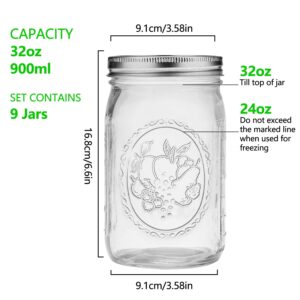 eleganttime Wide Mouth Mason Jars 32 oz,9 Pack Quart Mason Jars With Airtight lids and Bands,Clear Canning Jars 32 oz for Preserving,Meal Prep,Overnight Oats,Fermenting, Pickling